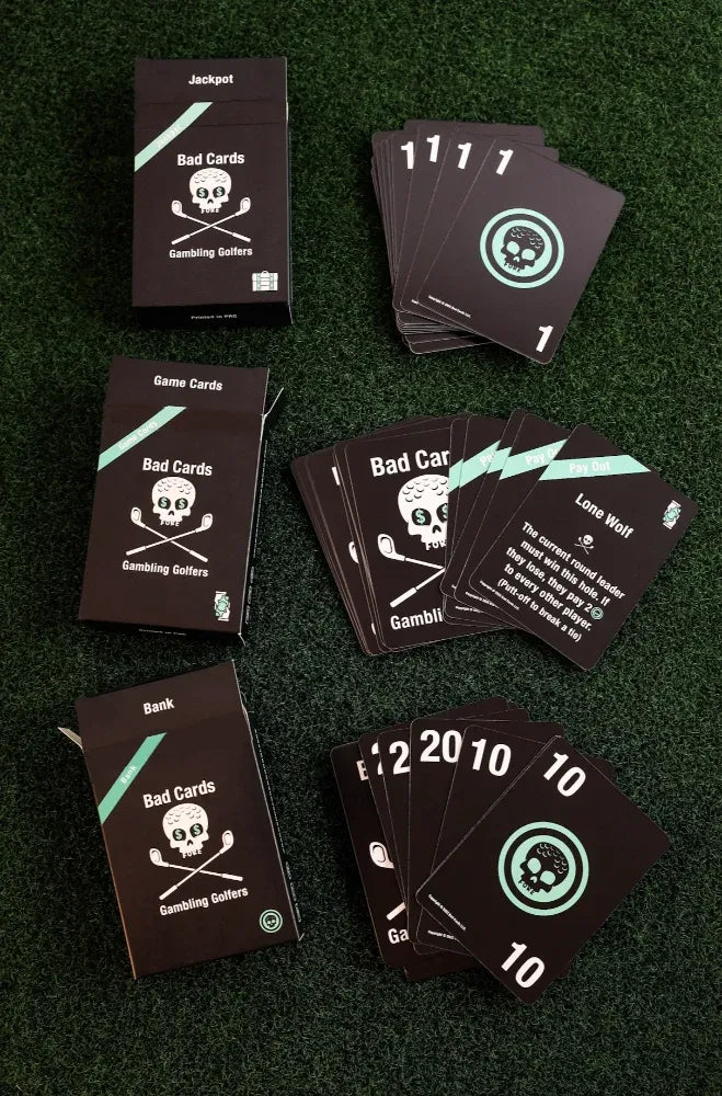 Golf Gambling Card Game with 55 Game Cards and 110 Currency Cards for Wagering Fun · Golf-themed wagering gameplay