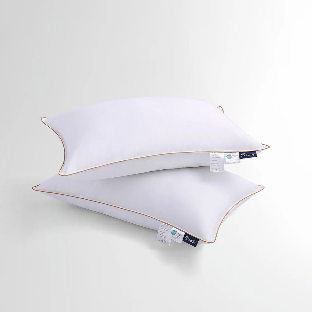 Goose Down Pillow with 800 Fill Power Hungarian Down, Hotel-Style Gold Stripe Design in Standard, Queen, or King Sizes