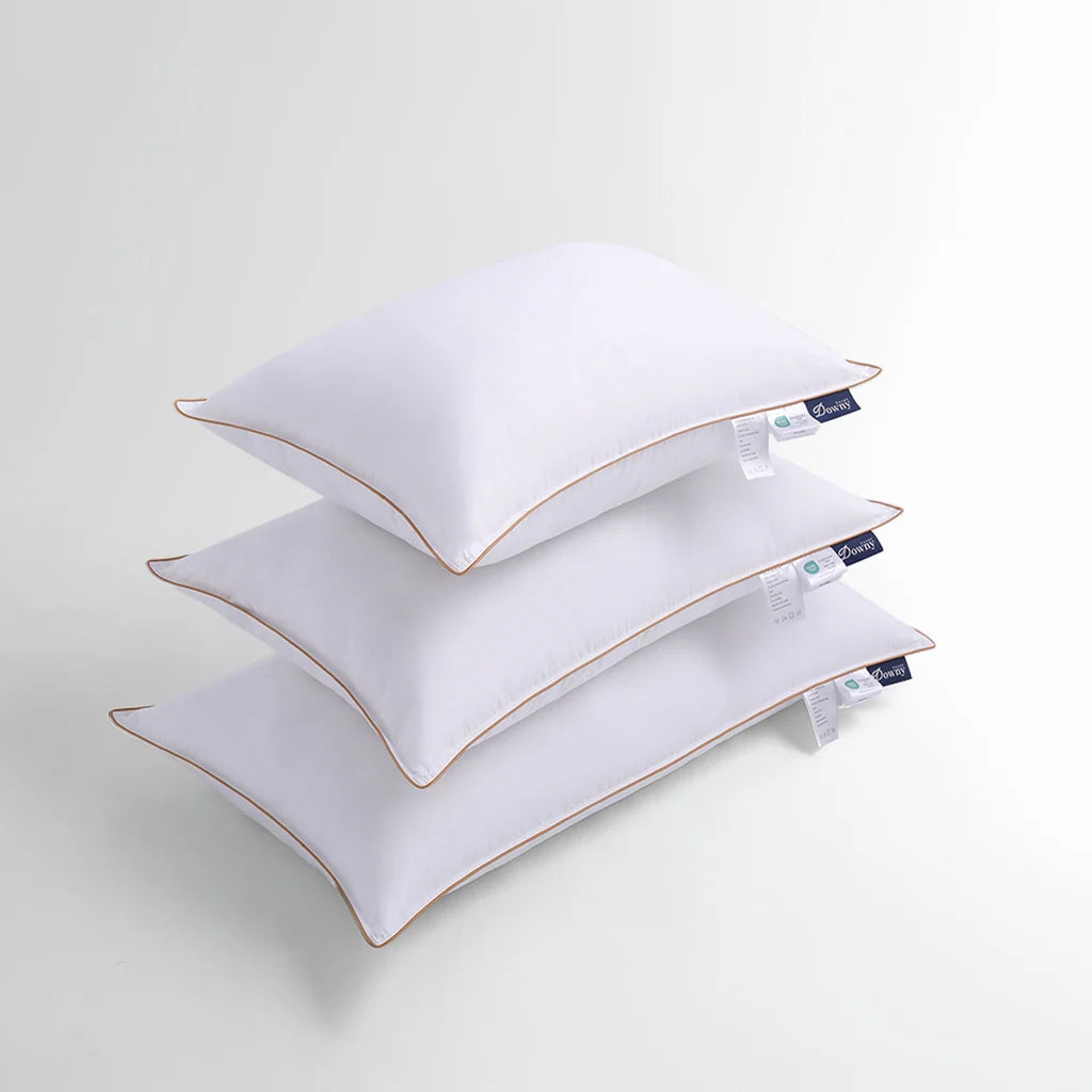 Goose Down Pillow with 800 Fill Power Hungarian Down, Hotel-Style Gold Stripe Design in Standard, Queen, or King Sizes