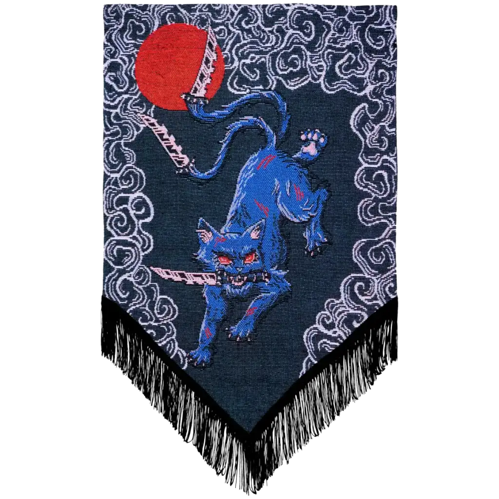 Gothic Cat Wall Hanging with Katana Artwork and Optional Wood Bar & Chain Display · gothic wall decor