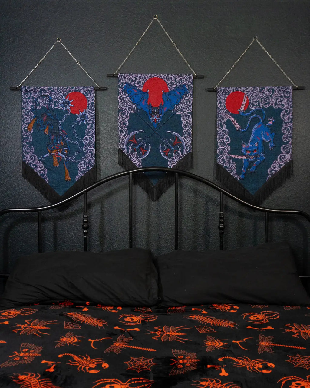 Gothic Cat Wall Hanging with Katana Artwork and Optional Wood Bar & Chain Display · gothic wall decor