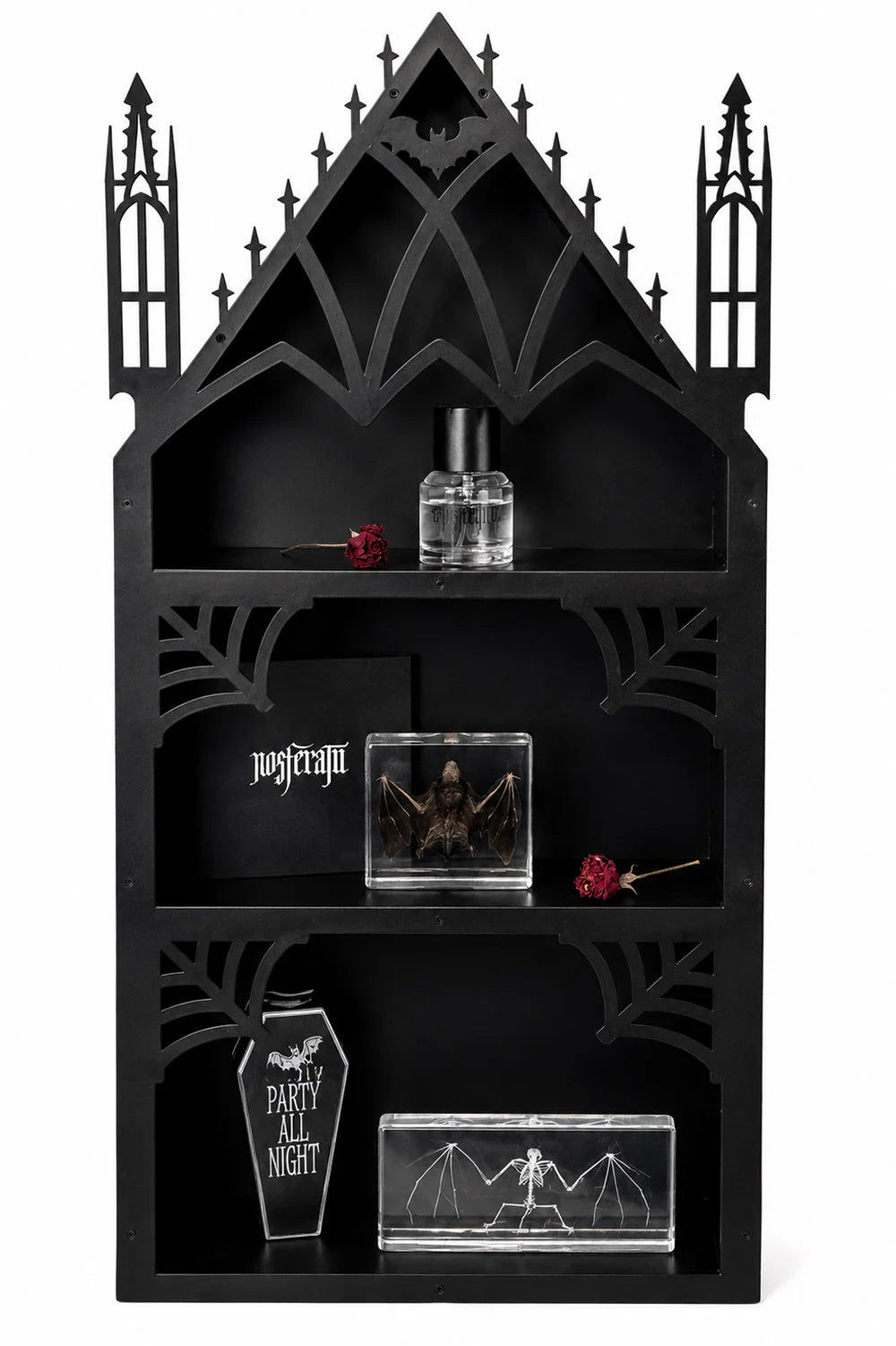 Gothic Cathedral Wall Shelf with Three Display Tiers, a Metal Bat Archway and Cobweb Corner Details