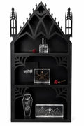 Gothic Cathedral Wall Shelf with Three Display Tiers, a Metal Bat Archway and Cobweb Corner Details