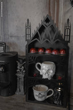 Gothic Cathedral Wall Shelf with Three Display Tiers, a Metal Bat Archway and Cobweb Corner Details