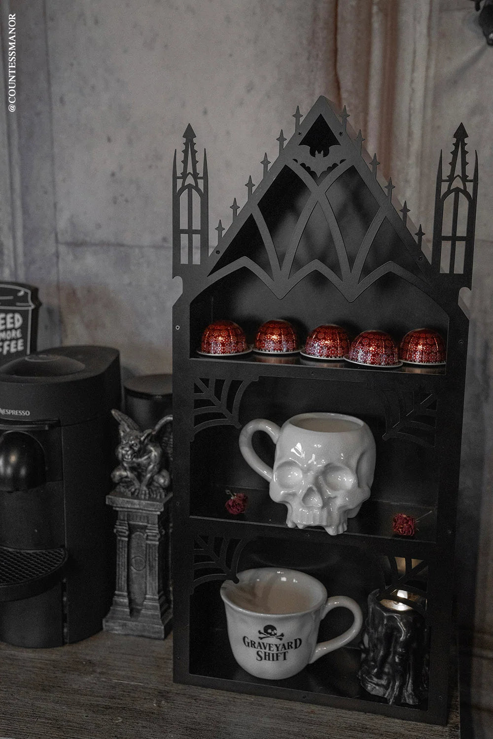 Gothic Cathedral Wall Shelf with Three Display Tiers, a Metal Bat Archway and Cobweb Corner Details