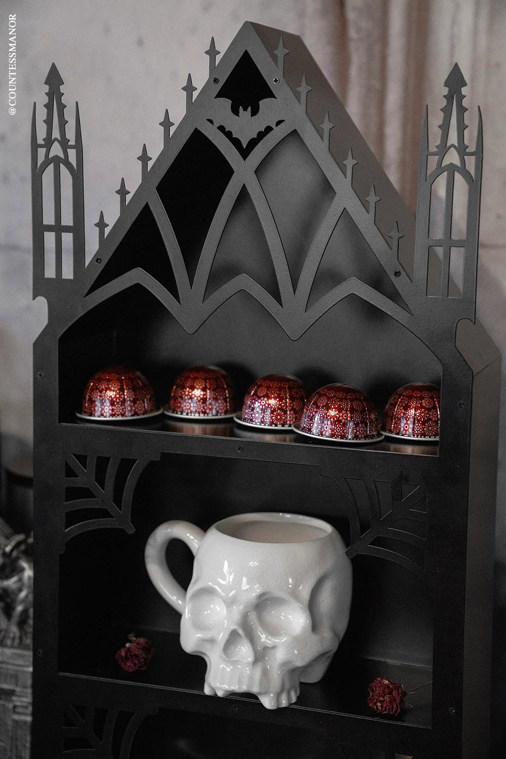 Gothic Cathedral Wall Shelf with Three Display Tiers, a Metal Bat Archway and Cobweb Corner Details