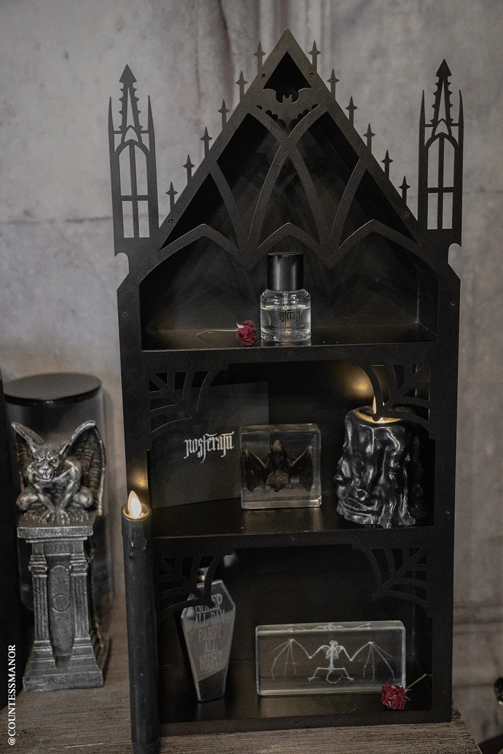 Gothic Cathedral Wall Shelf with Three Display Tiers, a Metal Bat Archway and Cobweb Corner Details