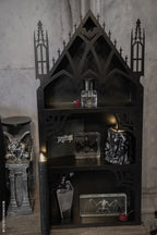 Gothic Cathedral Wall Shelf with Three Display Tiers, a Metal Bat Archway and Cobweb Corner Details