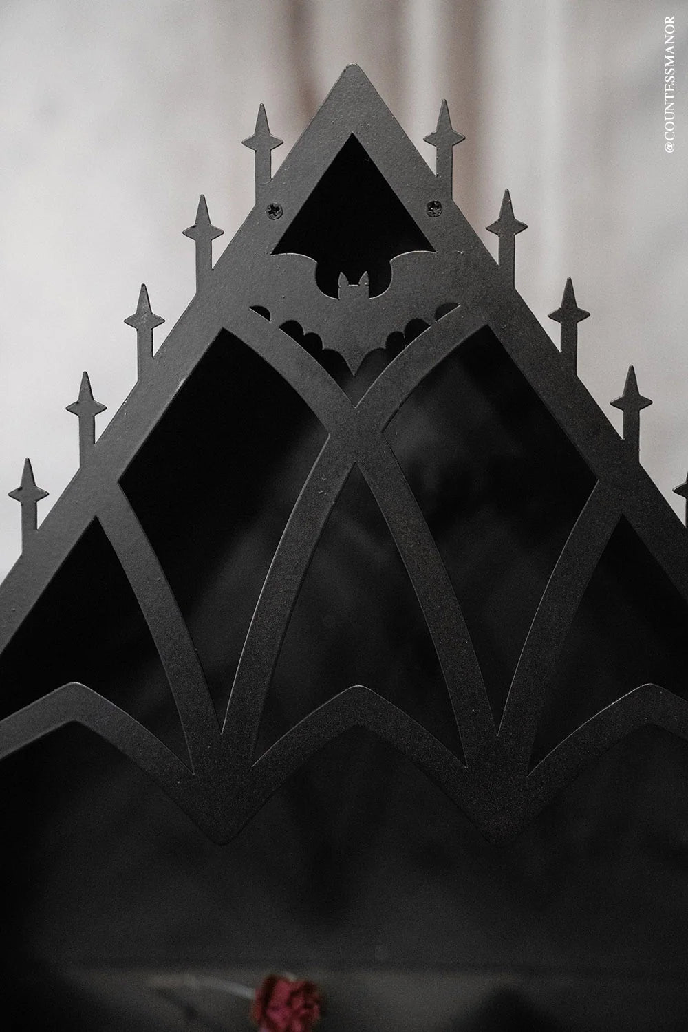 Gothic Cathedral Wall Shelf with Three Display Tiers, a Metal Bat Archway and Cobweb Corner Details