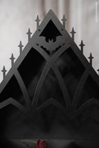 Gothic Cathedral Wall Shelf with Three Display Tiers, a Metal Bat Archway and Cobweb Corner Details