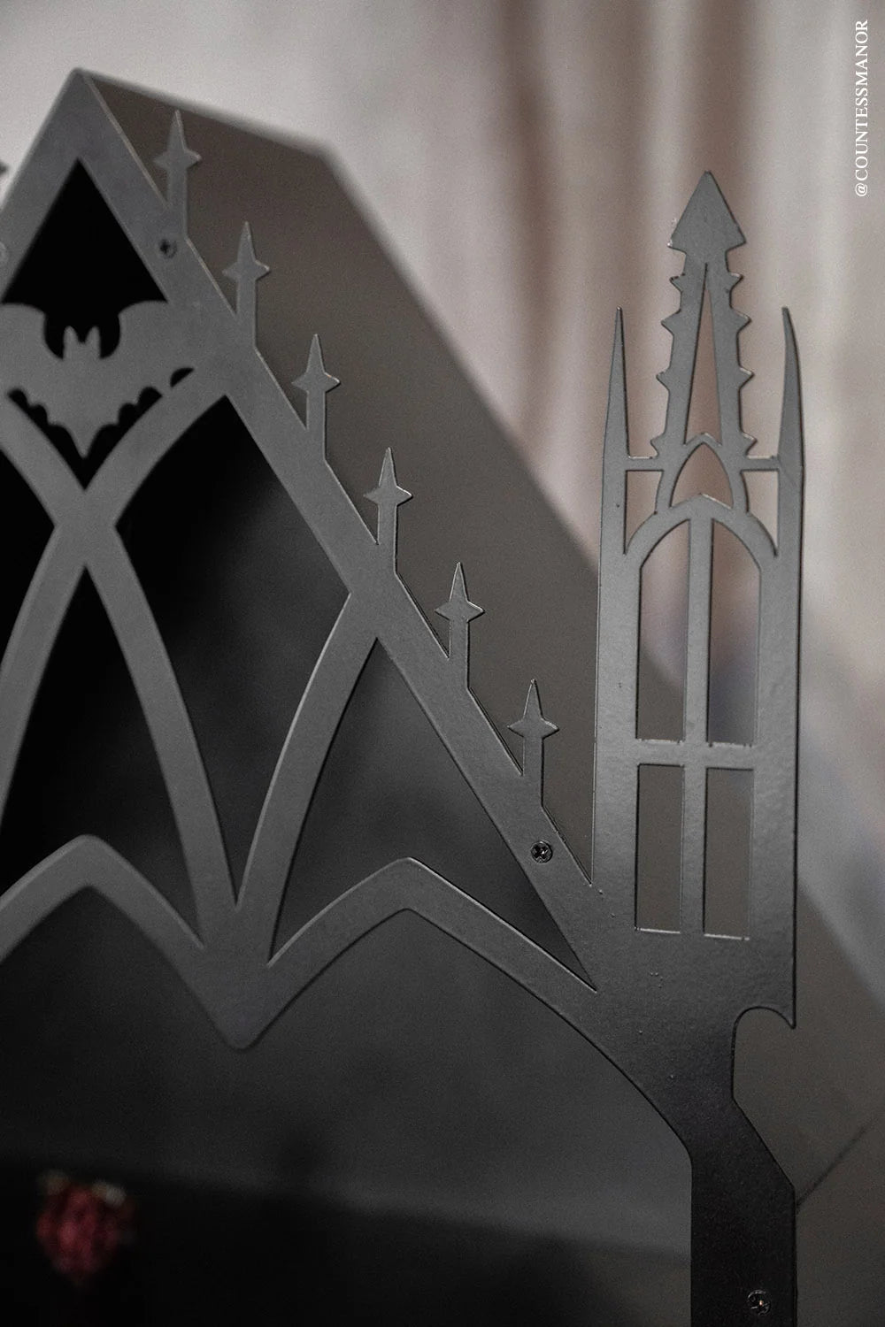 Gothic Cathedral Wall Shelf with Three Display Tiers, a Metal Bat Archway and Cobweb Corner Details
