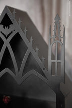 Gothic Cathedral Wall Shelf with Three Display Tiers, a Metal Bat Archway and Cobweb Corner Details
