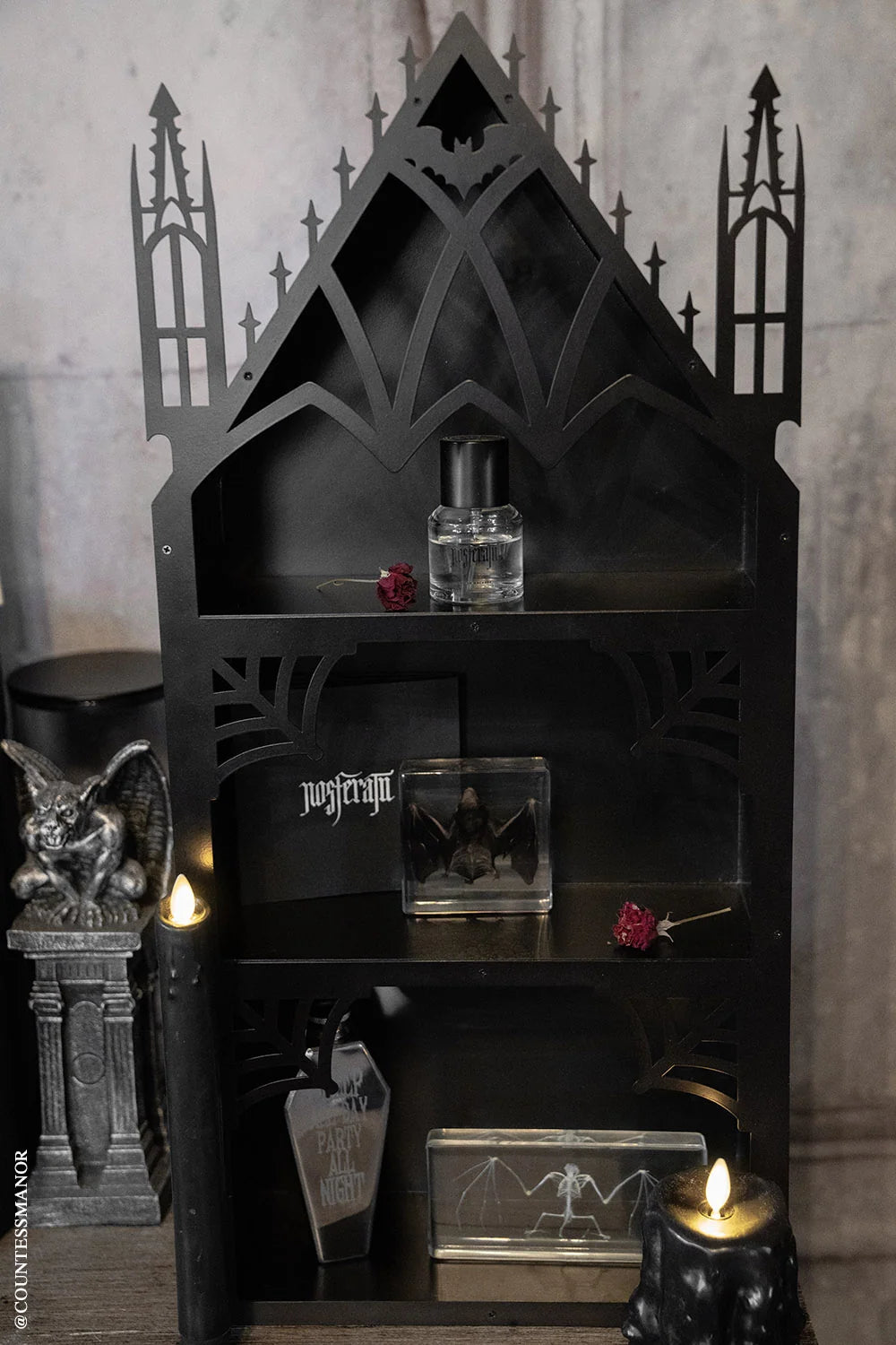 Gothic Cathedral Wall Shelf with Three Display Tiers, a Metal Bat Archway and Cobweb Corner Details