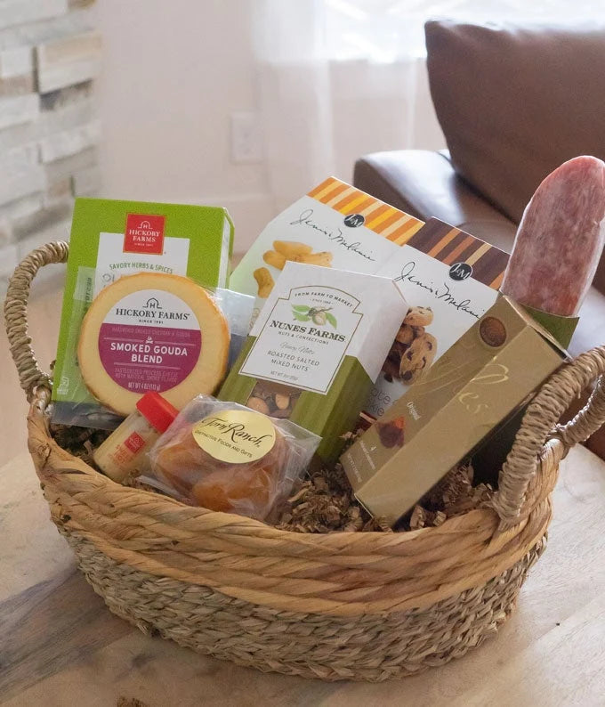 Gourmet Gift Basket with Smoked Gouda, Dry Salami, Crackers, Sweets and Personalized Message Card