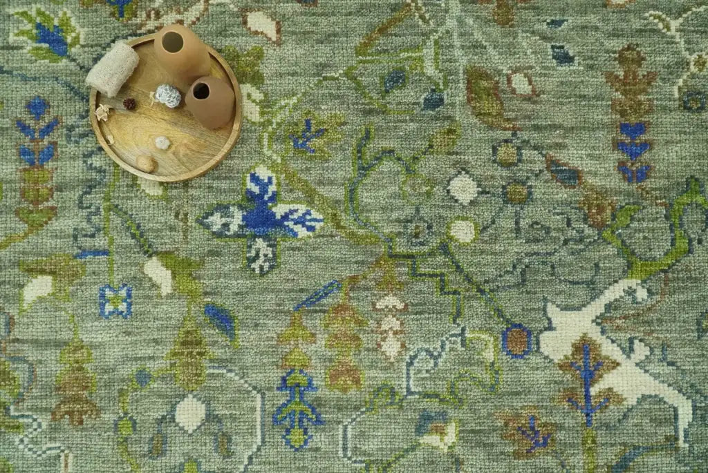 Green Traditional Hand-Knotted Wool Area Rug with Botanical Pattern, Custom Sizes and Round or Square Shapes