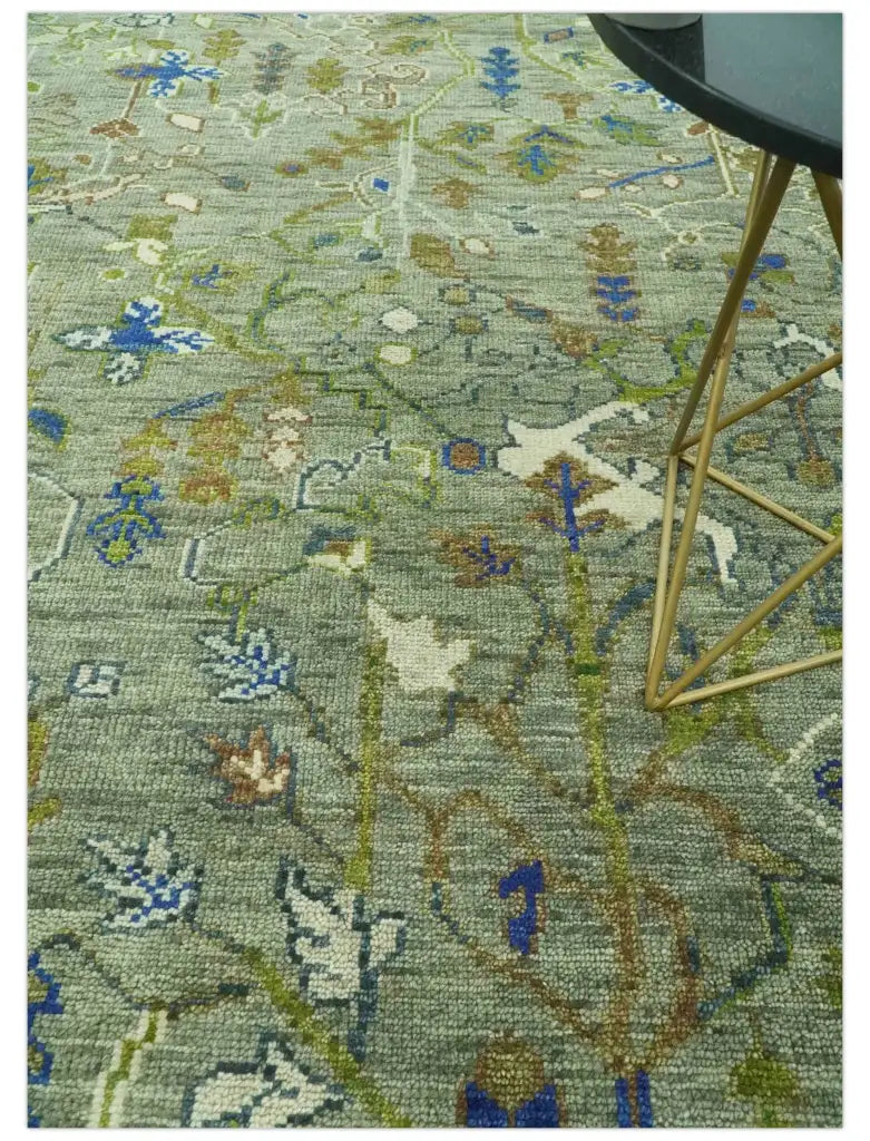 Green Traditional Hand-Knotted Wool Area Rug with Botanical Pattern, Custom Sizes and Round or Square Shapes