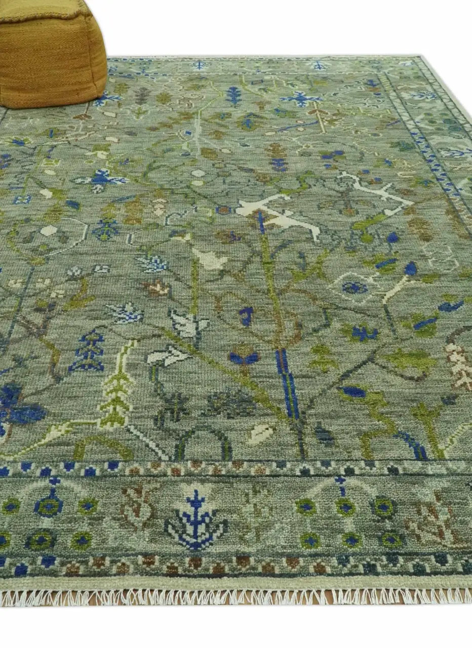 Green Traditional Hand-Knotted Wool Area Rug with Botanical Pattern, Custom Sizes and Round or Square Shapes