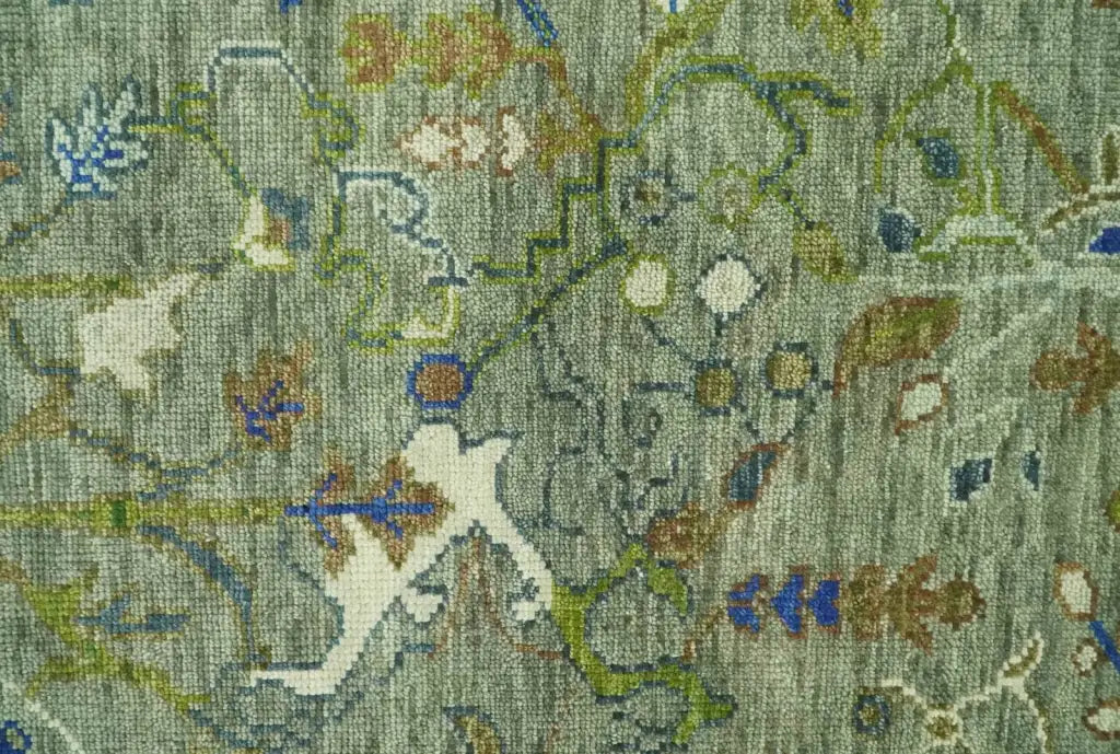 Green Traditional Hand-Knotted Wool Area Rug with Botanical Pattern, Custom Sizes and Round or Square Shapes