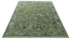Green Traditional Hand-Knotted Wool Area Rug with Botanical Pattern, Custom Sizes and Round or Square Shapes