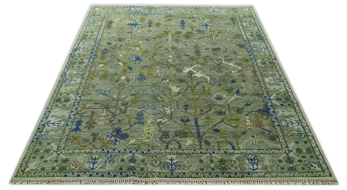Green Traditional Hand-Knotted Wool Area Rug with Botanical Pattern, Custom Sizes and Round or Square Shapes
