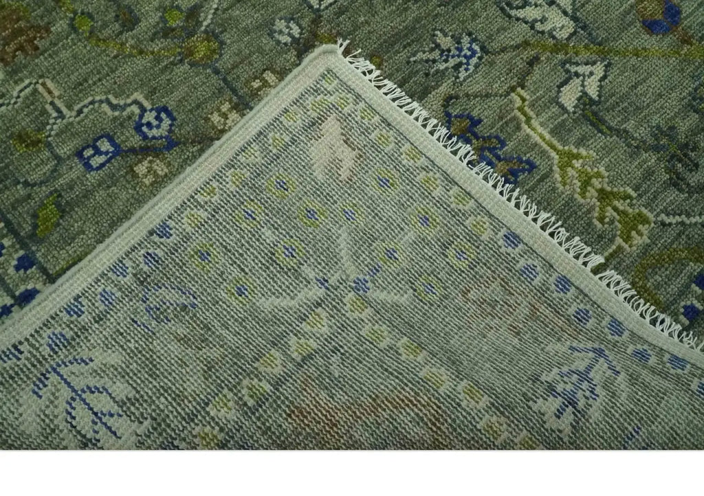 Green Traditional Hand-Knotted Wool Area Rug with Botanical Pattern, Custom Sizes and Round or Square Shapes