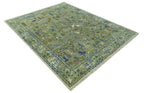 Green Traditional Hand-Knotted Wool Area Rug with Botanical Pattern, Custom Sizes and Round or Square Shapes