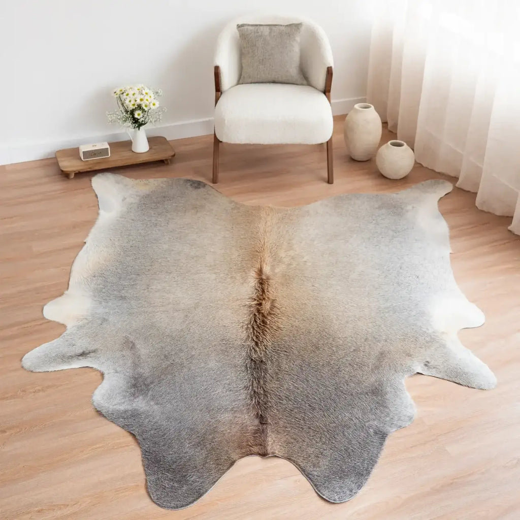 Grey Beige Cowhide Rug in Genuine Hair-On Leather from Brazil, Featuring Naturally Varied Neutral Tones