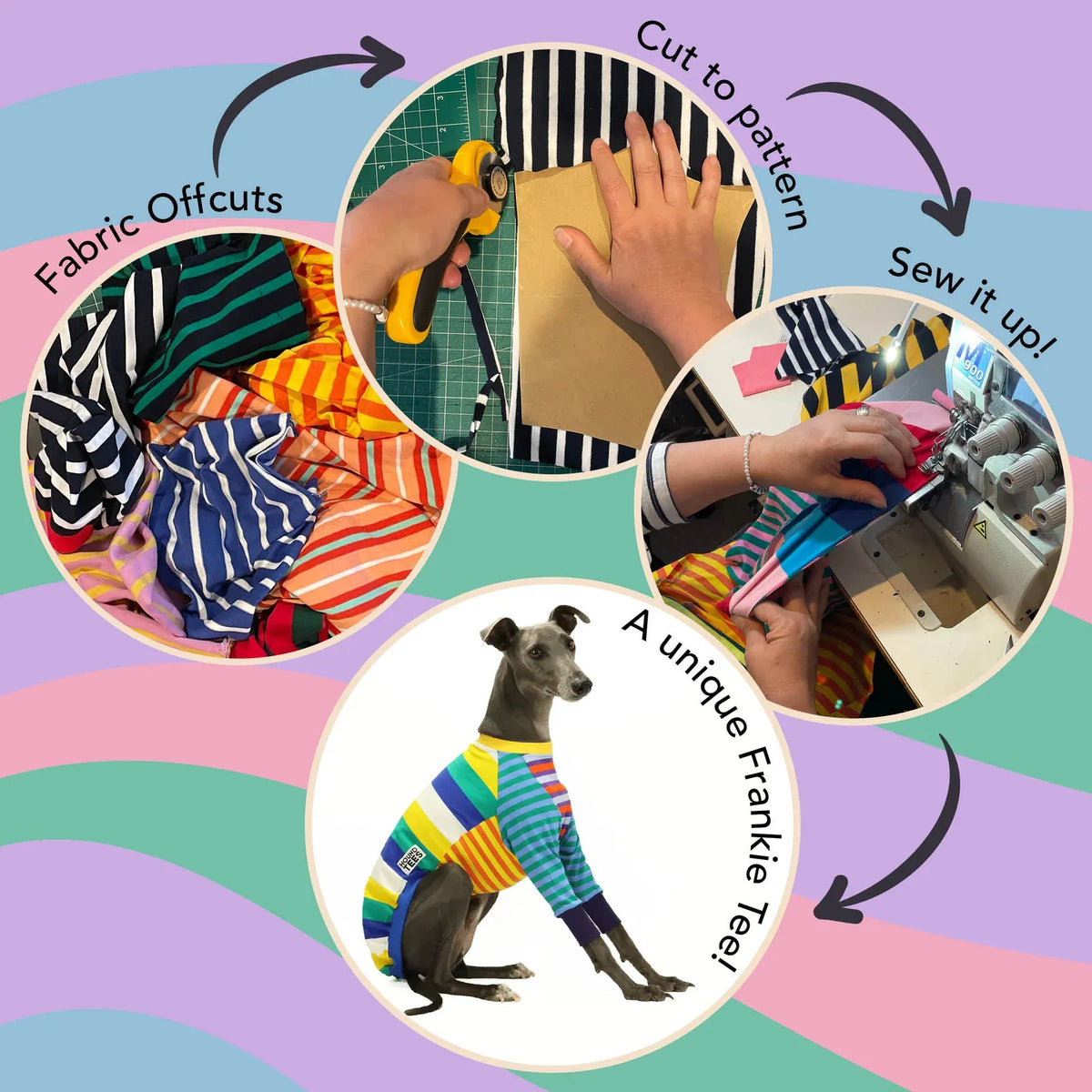 Greyhound Sleeveless Dog Shirt in Unique Mismatched Stripes, Made