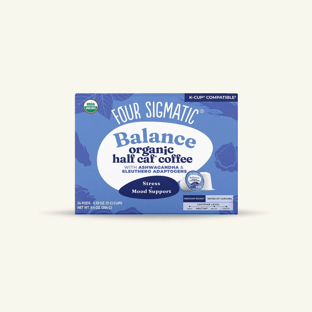 Half Caf Coffee Pods with Adaptogen-Infused Organic Coffee for a Brew That Keeps Caffeine Lower — 1-pack