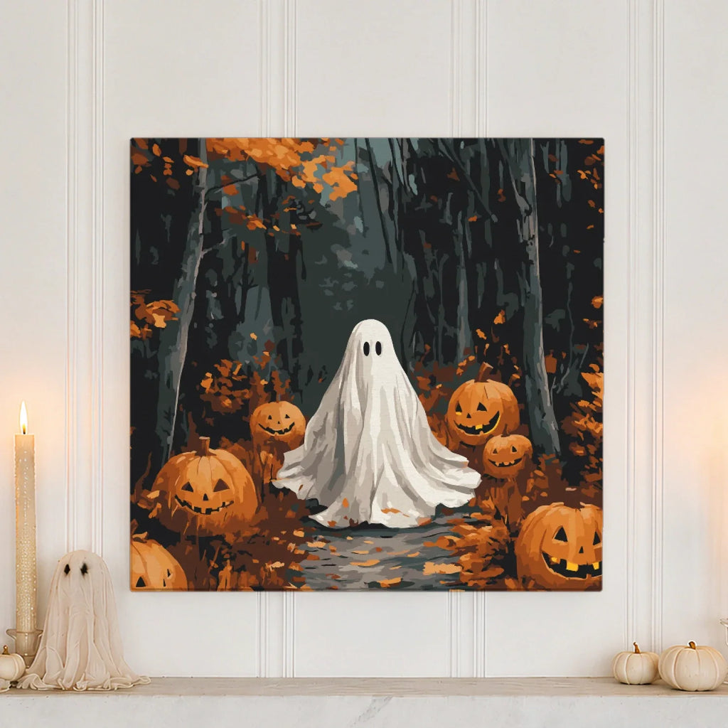 Halloween Paint by Numbers Canvas Featuring a Friendly Ghost and Jack-o'-Lanterns on an Autumn Forest Path
