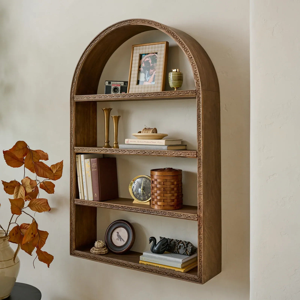 Hand Carved Wooden Archer Wall Shelf with Open Display Shelves and Included Mounting Hardware for Home Decor