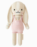 Hand Knit Bunny Doll in Peony Pink, 13-Inch Cotton Toy with Soft Details and a 10-Meal Giving Wristband