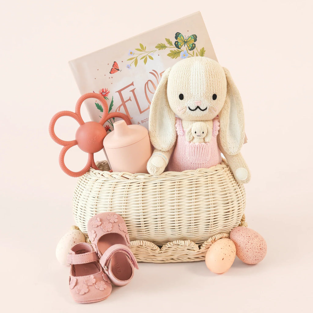 Hand Knit Bunny Doll in Peony Pink, 13-Inch Cotton Toy with Soft Details and a 10-Meal Giving Wristband