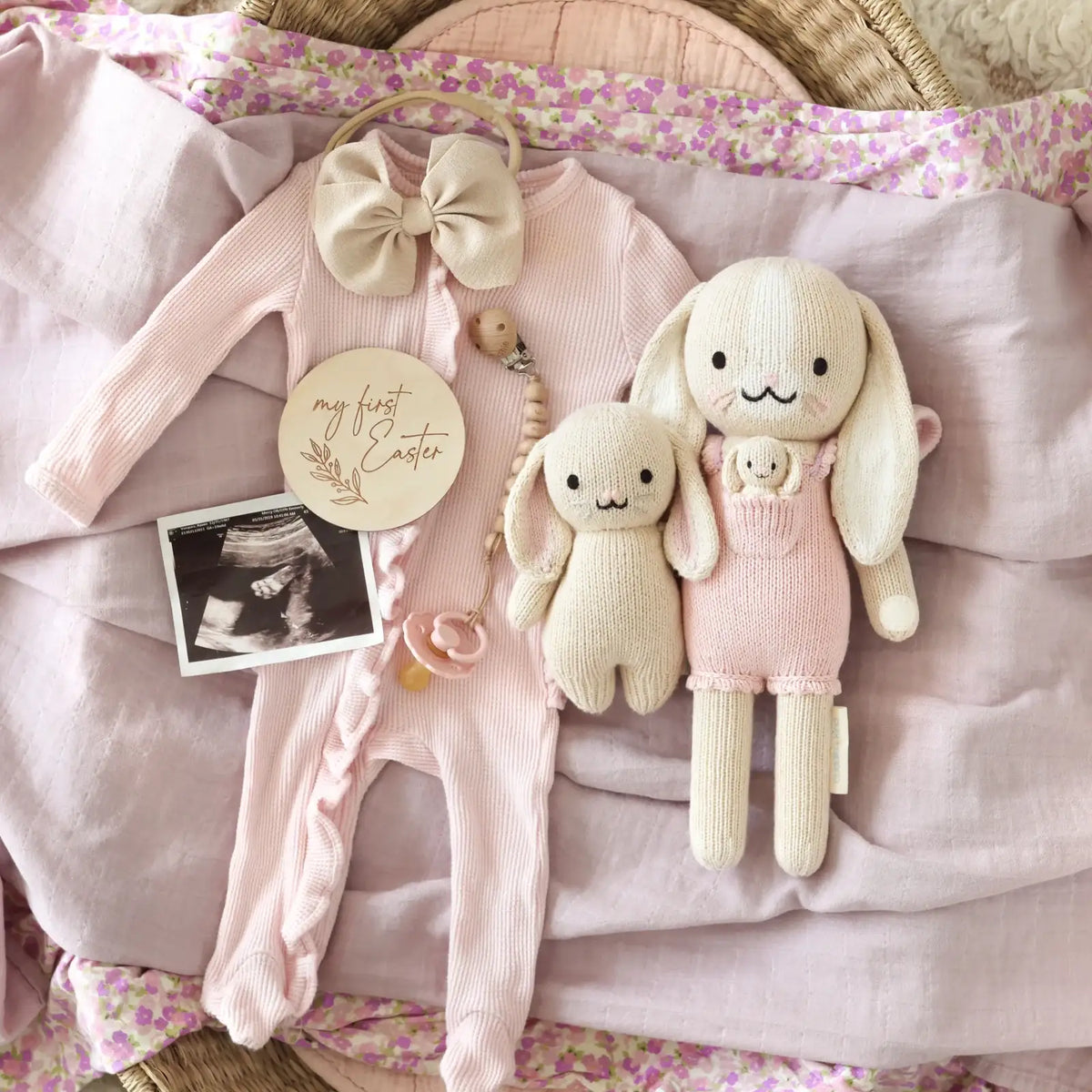 Hand Knit Bunny Doll in Peony Pink, 13-Inch Cotton Toy with Soft Details and a 10-Meal Giving Wristband