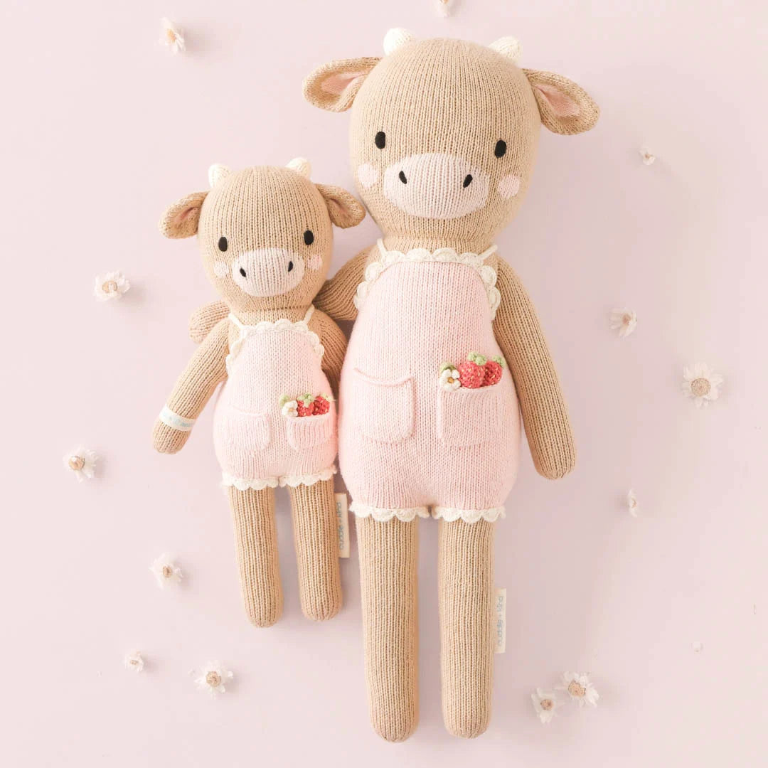 Hand-Knit Cow Doll in Powder Pink with Soft Cotton Yarn, Two Height, and a Friendship-Inspired Story
