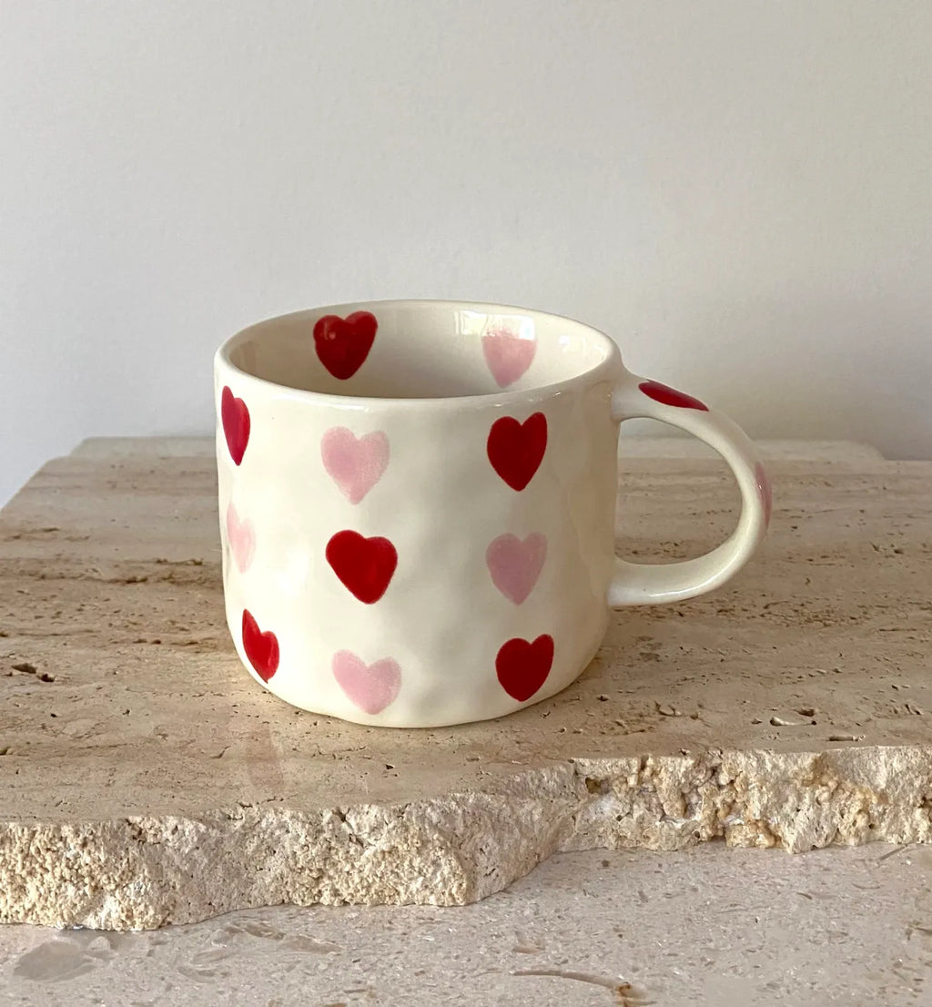 Hand Painted Coffee Mug with Heart Patterns and a Generous Handle, 245ml for Tea or Coffee at Home — Red
