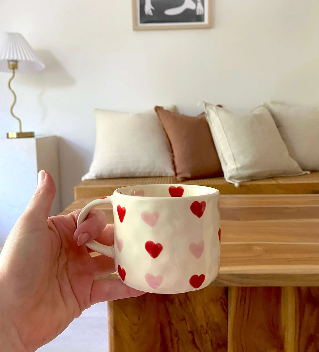 Hand Painted Coffee Mug with Heart Patterns and a Generous Handle, 245ml for Tea or Coffee at Home