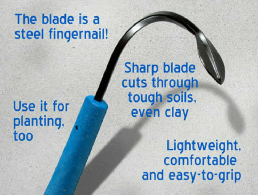 Hand Weeder and Cultivator with a Slender Blade for Working Between Vegetable Rows and in Walkway Cracks