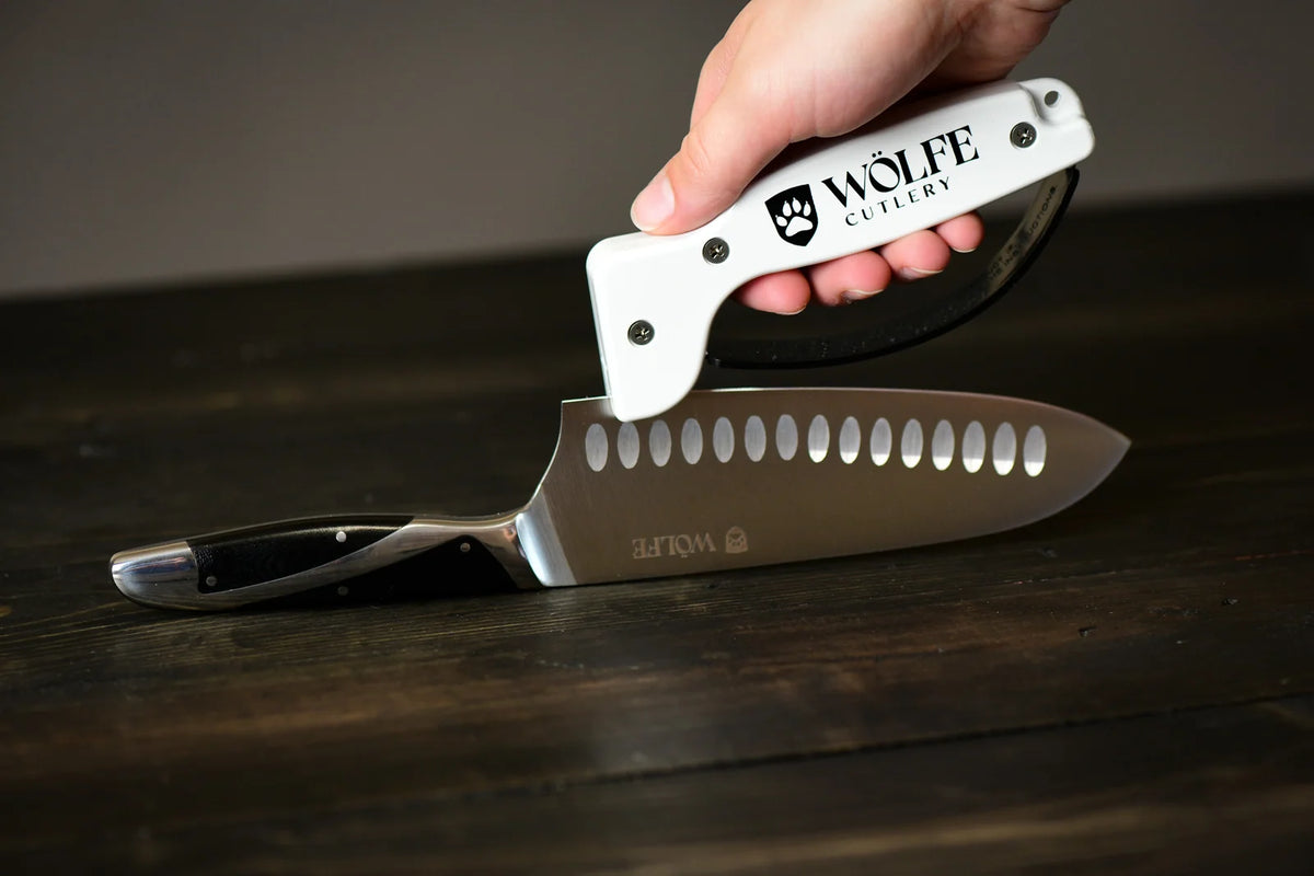 Handheld Kitchen Knife Sharpener with a Full-Length Finger Guard and Diamond-Honed Tungsten Carbide Blades
