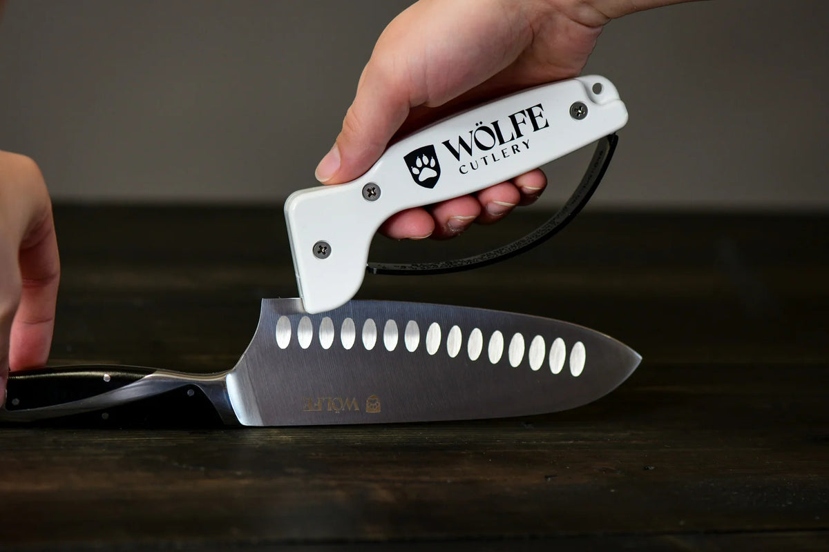 Handheld Kitchen Knife Sharpener with a Full-Length Finger Guard and Diamond-Honed Tungsten Carbide Blades