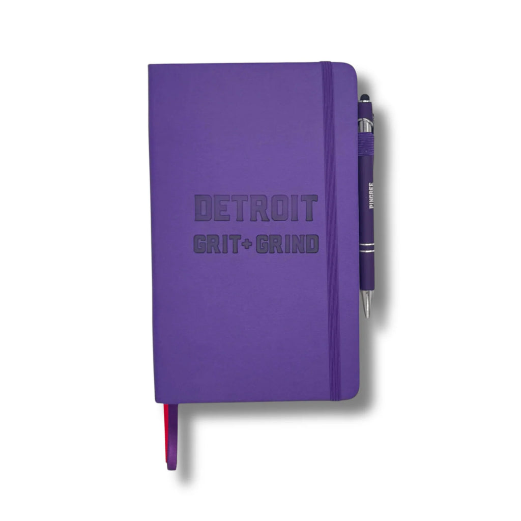 Hardcover Journal Notebook with 128 Recycled Pages, Lay-Flat Binding, Pen Loop and — Petunia Purple / Detroit Grit and Grind