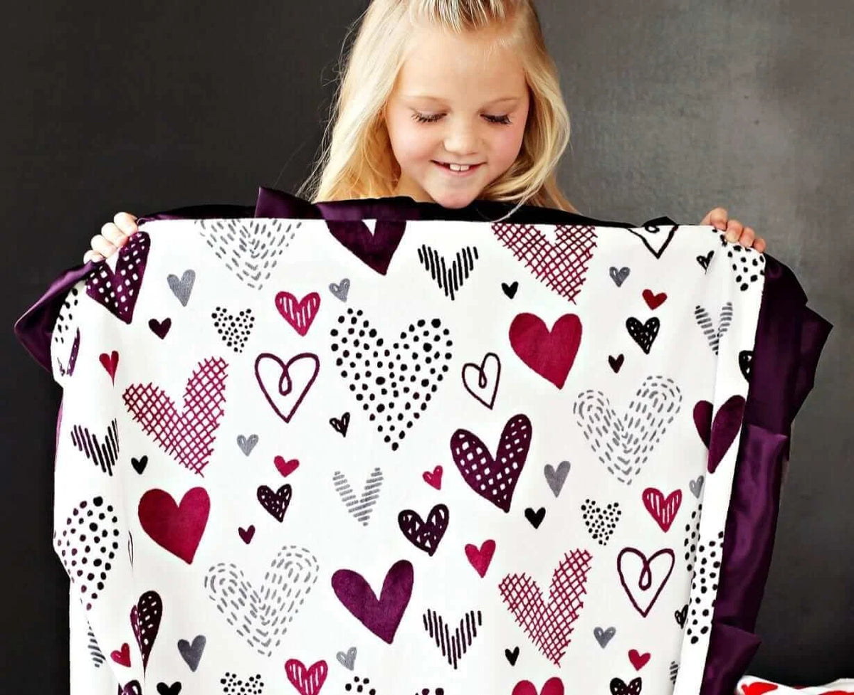 Heart Print Blankets and Standard Pillowcase in a Purple and Gray
