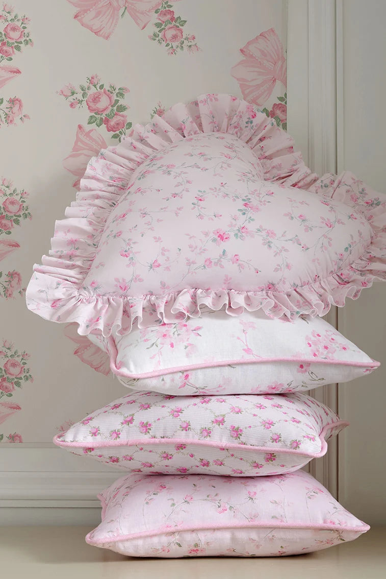 Heart Shape Ruffle Pillow with Removable Insert and Zipper Closure in Floral Print Color · heart pillow