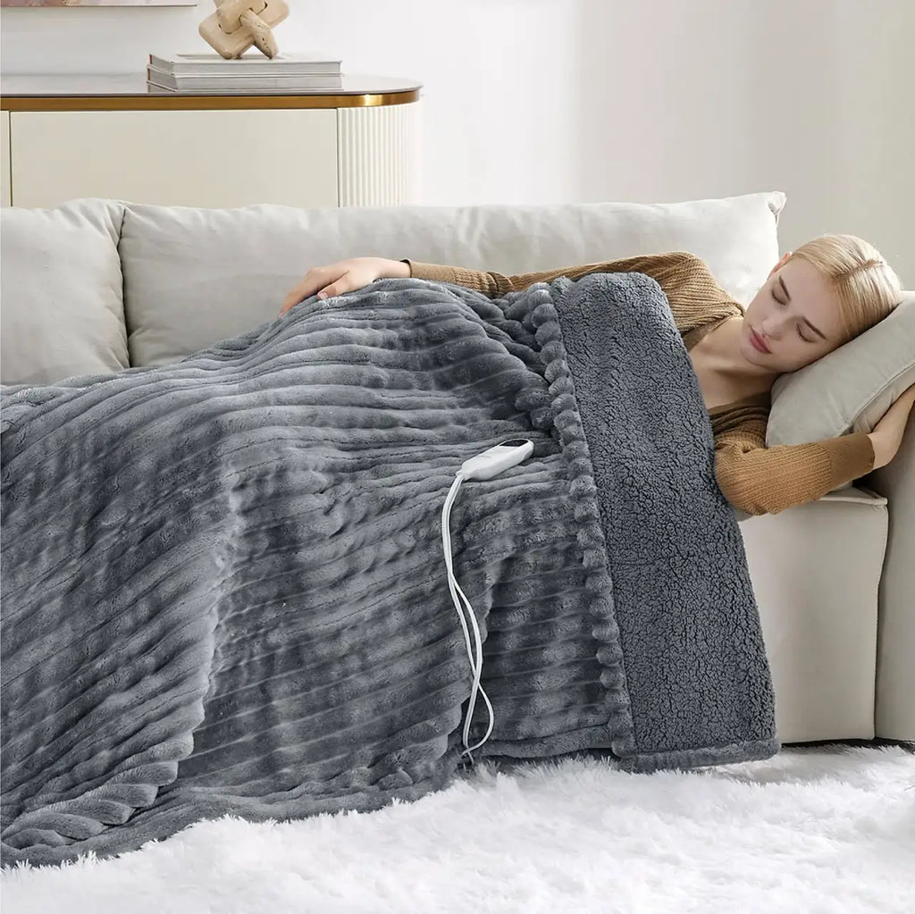Heated Blanket with 6 Warmth Levels and 4 Timers, Striped Flannel and Sherpa Electric Blanket
