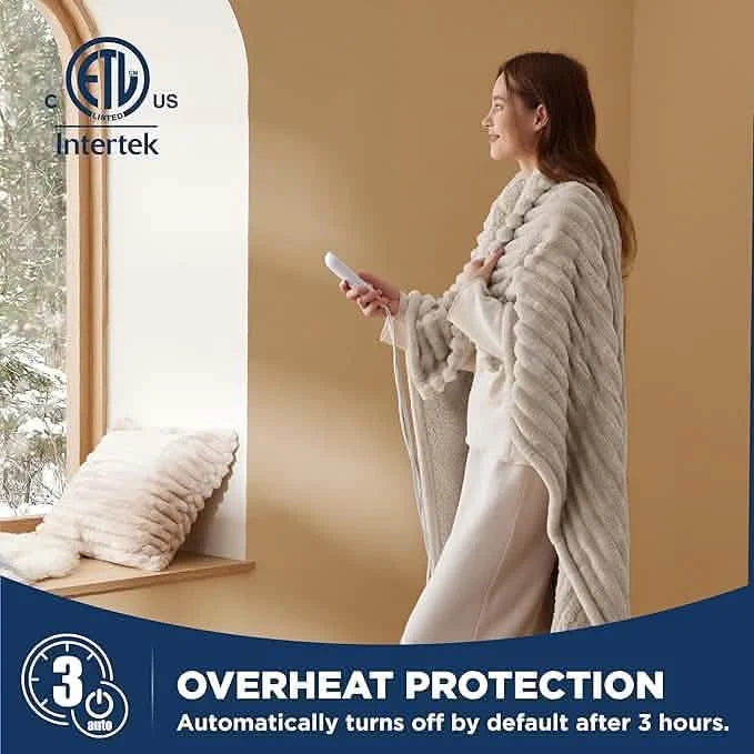 Heated Blanket with 6 Warmth Levels and 4 Timers, Striped Flannel and Sherpa Electric Blanket