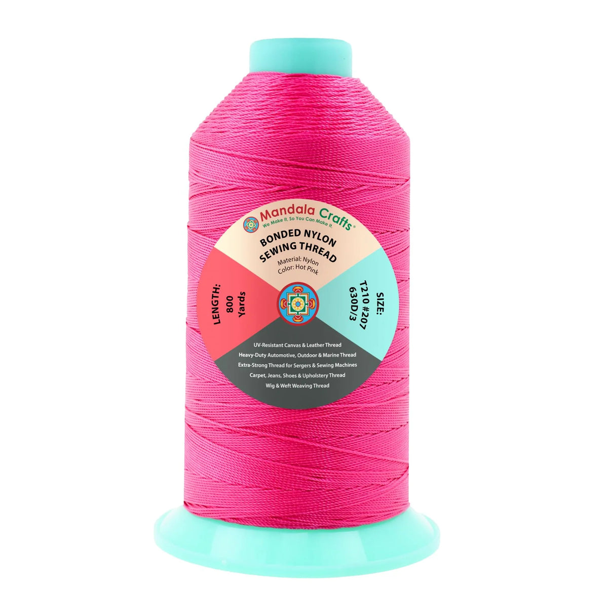 Heavy-Duty Bonded Nylon Upholstery Thread for Leather, Vinyl, Canvas and Outdoor Gear Repairs — Hot Pink / T210 #207 630D/3
