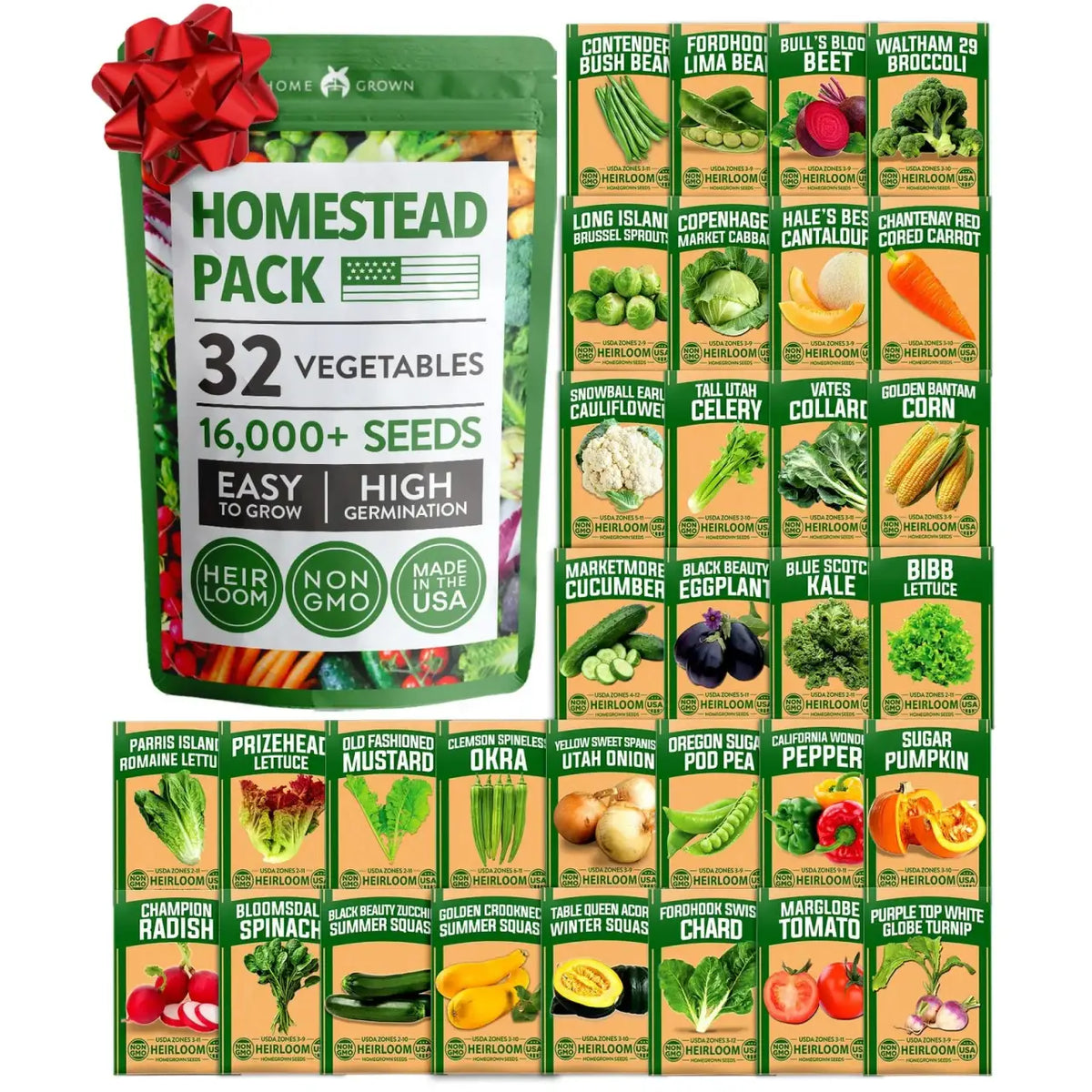 Heirloom Vegetable Seeds Collection with 32 Open-Pollinated Varieties and Over 15,000 Seeds for Home Gardens