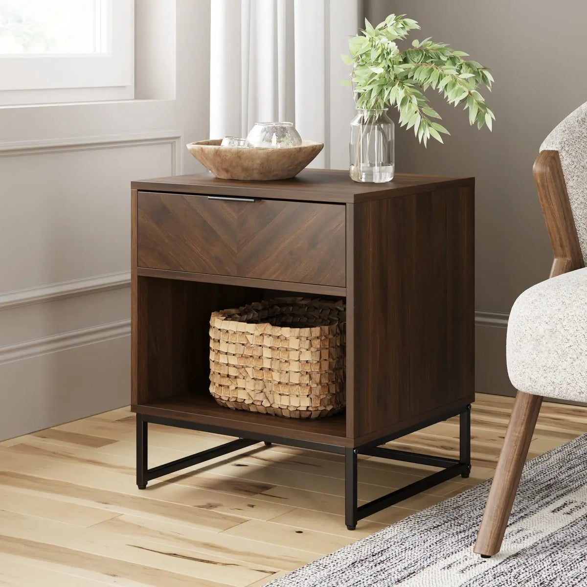 Herringbone Nightstand in Walnut and Matte Black