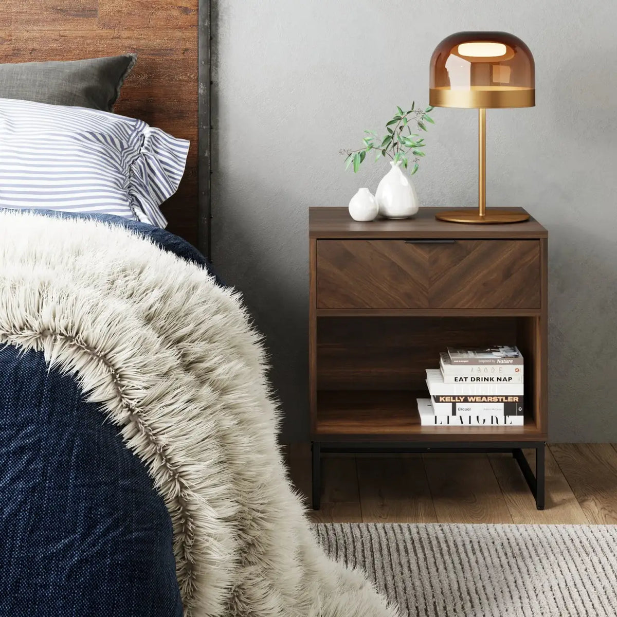 Herringbone Nightstand in Walnut and Matte Black