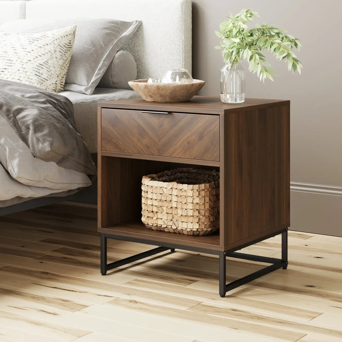 Herringbone Nightstand in Walnut and Matte Black